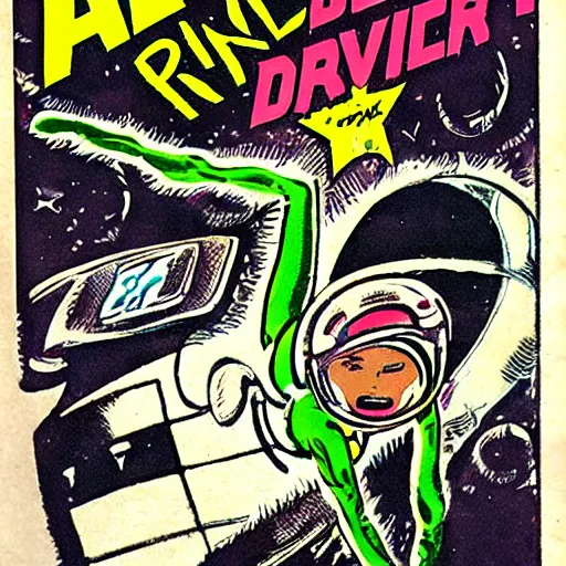 Prompt: alien racing drivers, space, comic, racers, retro, 70s, comic book, girl