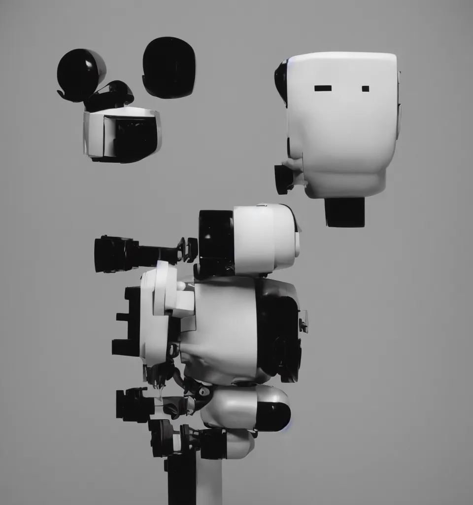 Image similar to studio portrait photo of a minimalist robot head, designed by Douglas Coupland, 50mm, pentax, film