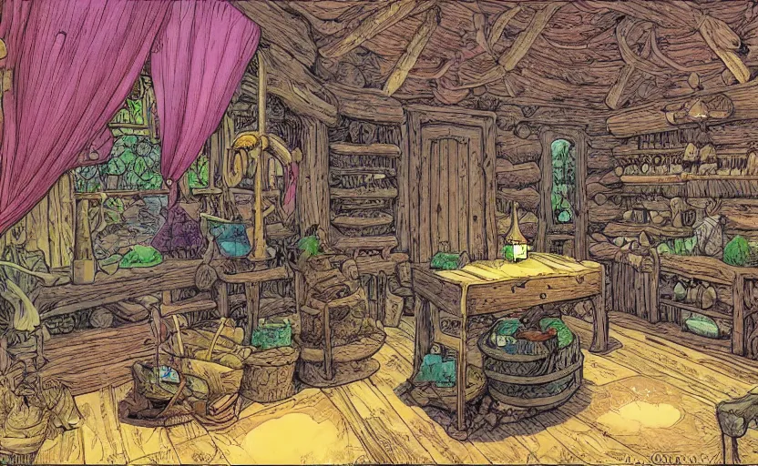 Prompt: witch's cabin full of potions, a cauldron on a counter with a sales register, lush vegetation, by moebius