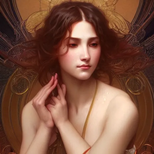 Image similar to portrait of a hot mystic girl, intricate, elegant, highly detailed, digital painting, artstation, concept art, smooth, sharp focus, illustration, art by artgerm and greg rutkowski and alphonse mucha and william - adolphe bouguereau