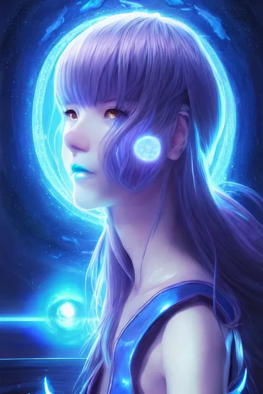 Image similar to blue dressed summoner girl fighting against outer gods with their creatures. floating planets on the background, box office hit, fantasy and cosmic horror movie, unreal engine, intricate, highly detailed 8 k, ambient occlusion, extremely beautiful and aesthetic shape of face and body, art by hiroaki samura and ilya kuvshinov and rossdraws