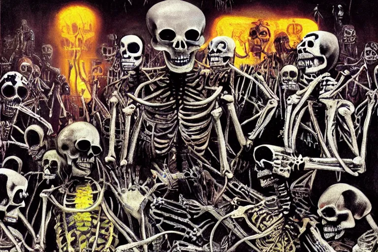 Image similar to scene from apocalypse now, day of the dead, cyber skeleton, neon painting by otto dix