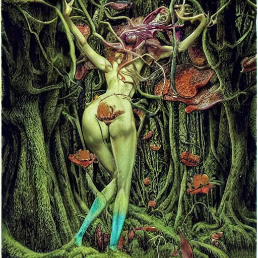 Prompt: a fairy in a forest, fluid, smooth, organic, crazy, bright, colours, tumours, high contrast, sharpness, dramatic, very detailed, intricate, by giger and corben and moebius and beksinski and bosch and bacon