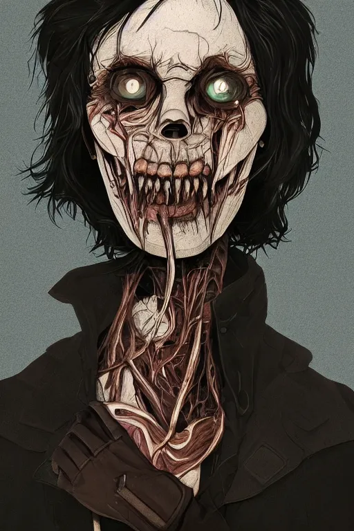 Image similar to keith buckley in sleepy hollow, full body, big two toned eyes, teeth gritted, horror, intricate details, cinematic, epic, realistic, anatomy, tomer hanuka, uplight, artstation, photorealistic, scary