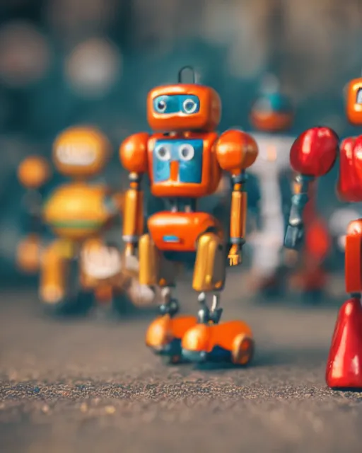 Image similar to high quality presentation photo of a a detailed miniature diorama of retro toy robots invading a detailed model of a 1950s town, photography 4k, f1.8 anamorphic, bokeh, 4k, Canon, Nikon