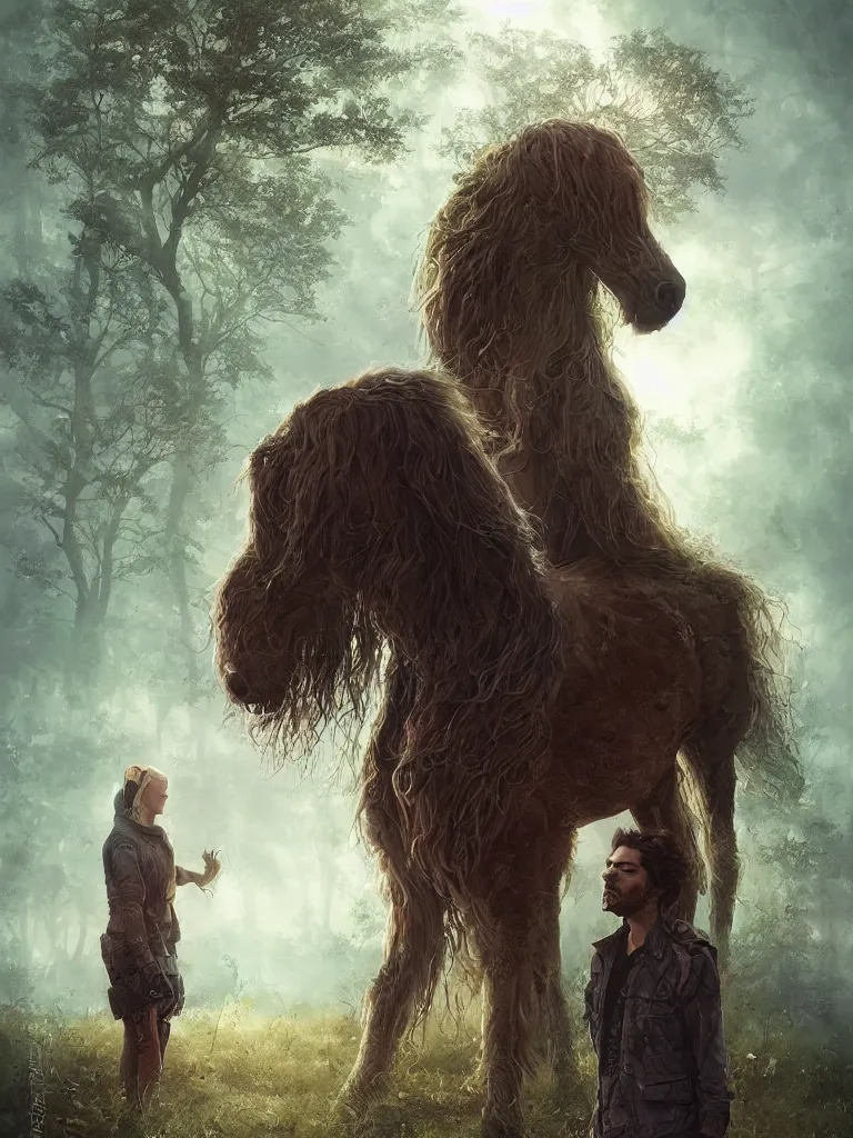 Image similar to a solarpunk portrait of a gorgeous Clydesdale horse with its human owner in the movie Annihilation, with mutated trees and fractal sunlight, award-winning, masterpiece, in the style of Tom Bagshaw, Cedric Peyravernay, Peter Mohrbacher