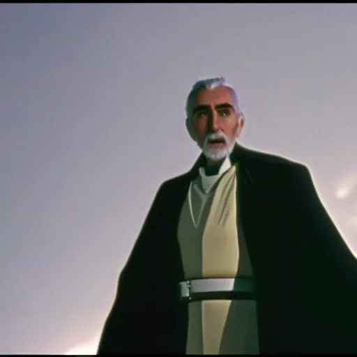 Image similar to Count Dooku standing on ledge observing dark dimly lit droid factory star wars still shot from Attack of The clones 720p