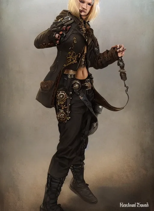 Image similar to a blonde boy thief with a steampunk armband in the style of eve ventrue