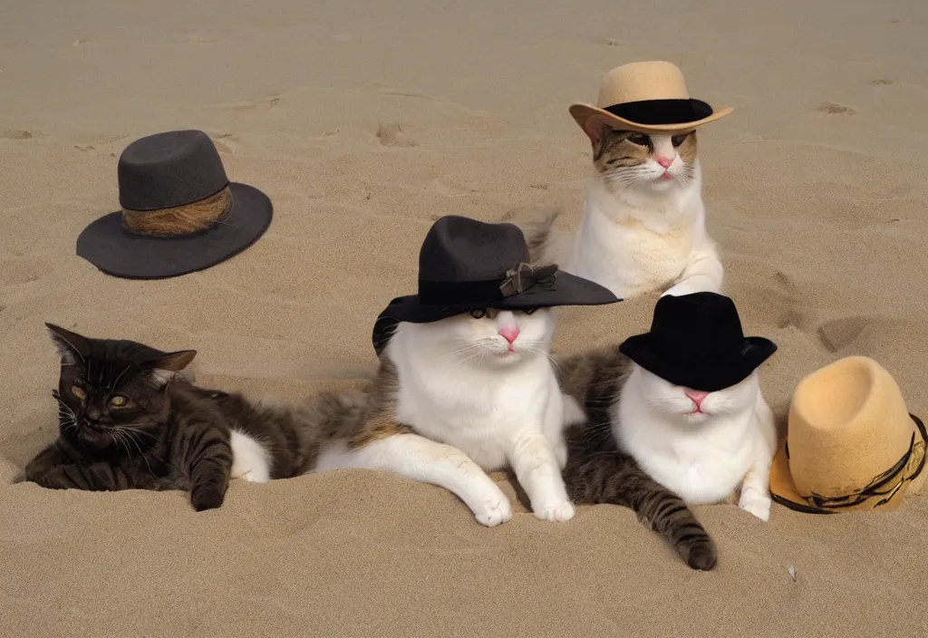 Image similar to cats wearing fedoras relaxing on a beach