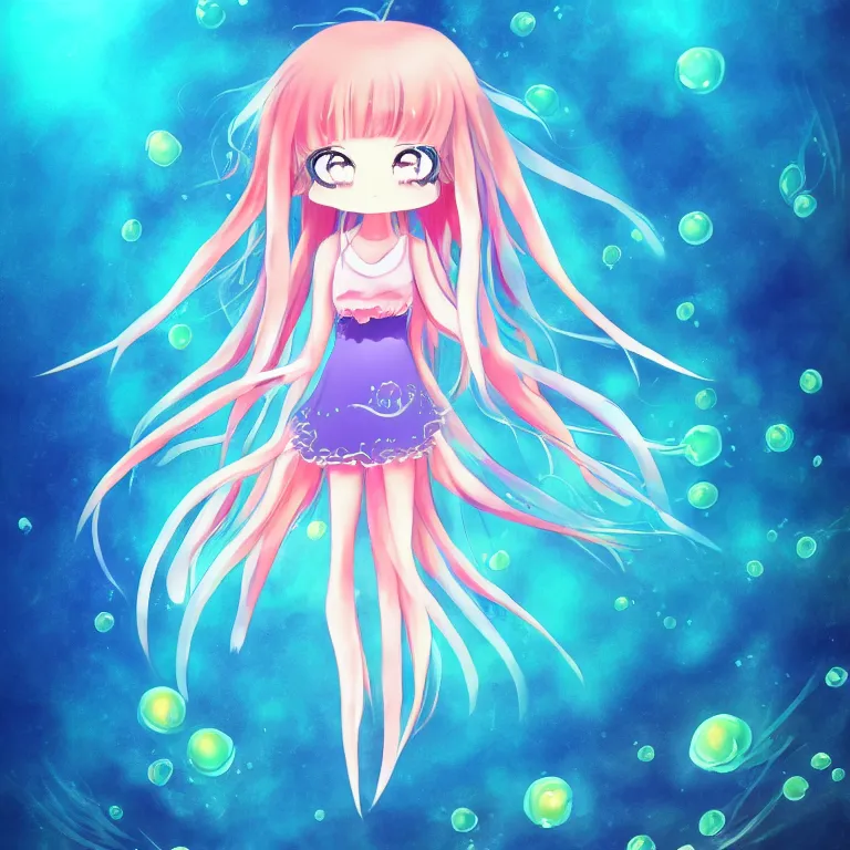 Prompt: cute, full body, female, anime style, a lively jelly fish girl, large eyes, beautiful lighting, sharp focus, simple background, creative, underwater