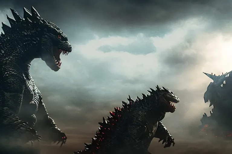 Prompt: two godzillas sitting in the living room couch playing playstation, cinematic, epic lighting, still shot from the new godzilla movie