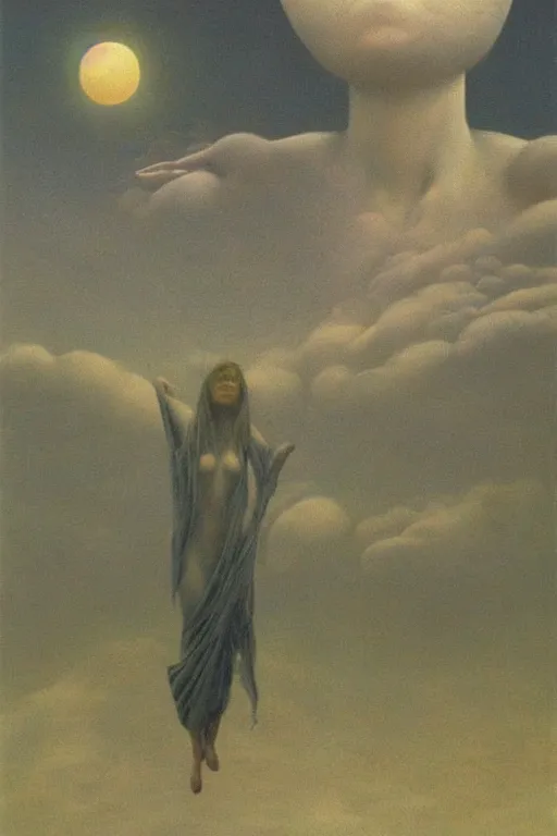 Image similar to zdzisław beksinski oil painting. women floating in the sky, disturbing, unsettling, intricate, beautiful