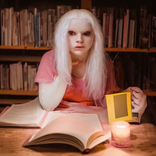Image similar to cinematic photo of a beautiful albino axolotl woman lit with saturated split colour yellow and dusty pink lighting reading a roberto bolano novel on the deck