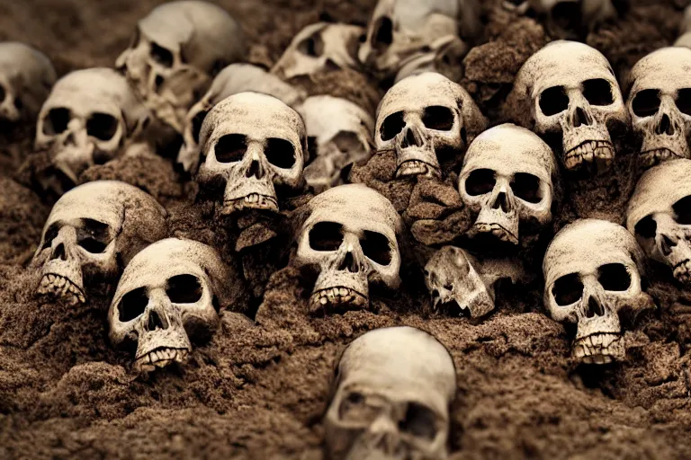 Image similar to A pile of human skulls on the dry cracked dirt ground, HD, 8k, cinematic shot, highly detailed, low saturation