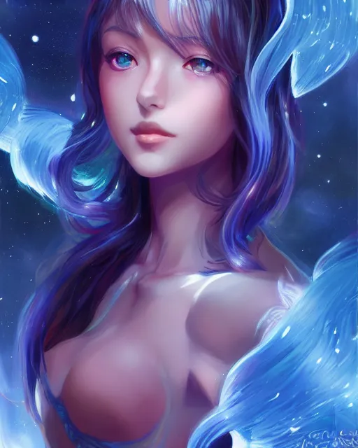 Image similar to A realistic anime portrait of a beautiful cosmic woman with glowing blue eyes and cosmic skin wearing clothes made of universes, digital painting, by Stanley Artgerm Lau, Sakimichan, WLOP and Rossdraws, digtial painting, trending on ArtStation, SFW version