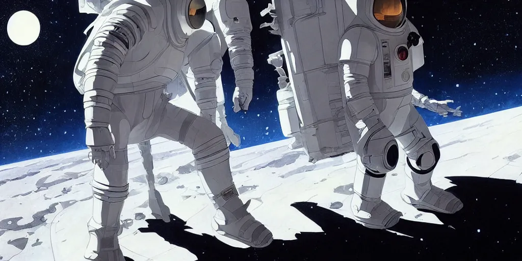 Image similar to a man with a futuristic white space armor walking out of a black spaceship on the moon, black spaceship, black spaceship, in the style of studio ghibli, j. c. leyendecker, greg rutkowski, artem