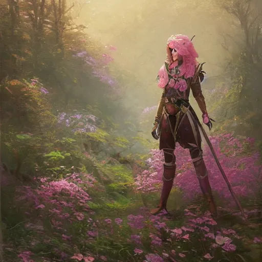 Prompt: High fantasy female knight, in a magical forest with pink flowers, by greg rutkowski and thomas kinkade, Trending on artstation.