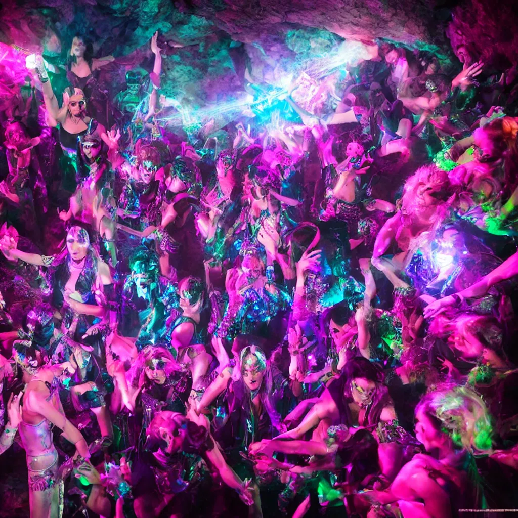 Prompt: cinematic shot of a goth disco in a cave, holographic knives!!! with pink lasers and blue crystals, brutal weapons!!! holographic knives!!! goth people dancing, dark evil ritual, 8 k photograph