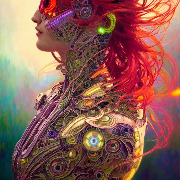 Prompt: bright psychedelic portrait of organic cyborg, wings, diffuse lighting, fantasy, intricate, elegant, highly detailed, lifelike, photorealistic, digital painting, artstation, illustration, concept art, smooth, sharp focus, art by John Collier and Albert Aublet and Krenz Cushart and Artem Demura and Alphonse Mucha