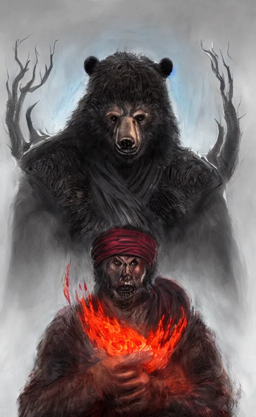 Image similar to Portrait of a bear beast-man wearing a turban with fire in his eyes wear, bloodborne concept art, trending on Artstation, photorealistic image, 8k.