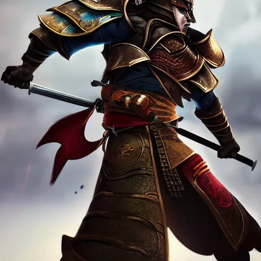 Image similar to shiba inu samurai warrior as a league of legends character, michael maurino, alex flores, paul kwon, cinematic, highly detailed, concept art, 3 d cgi, dramatic lighting, focus, smooth, heroic