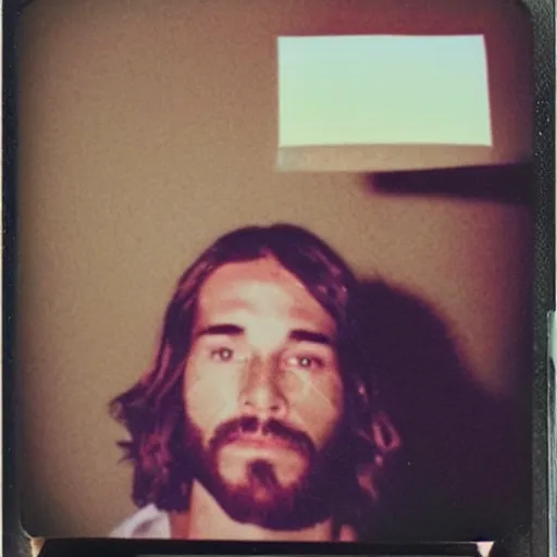 Prompt: a found polaroid of Jesus caught shoplifting, circa 1990
