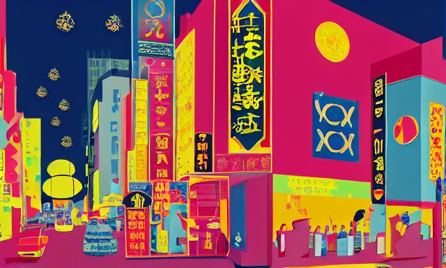 Image similar to Japan sightseeing, touring, gourmet, crafts and souvenirs, a poster design for a contemporary graphic design exhibition, in the style of Wes Anderson, Yoshio Awazu and KAWS, open negative space, clean color and neon fluorescent airbrush accents typographic graphic design volumetric octane render