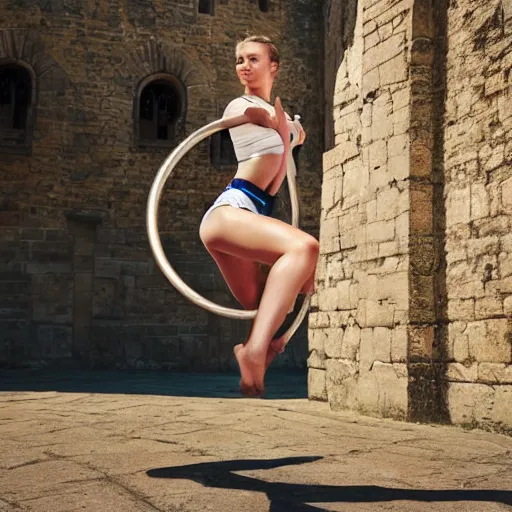 Prompt: beautiful athletic female swinging on large lyra hoop, intricate detail, in front of medieval castle, cinematic compositon, photorealistic