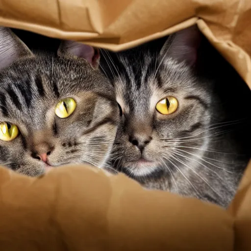 Image similar to a highly detailed photo of multiple furry cats, they are inside a big sack, gray background, studio lighting, 4 k, 8 k