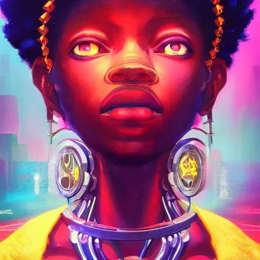 Image similar to afro - cyberpunk deities unseen amongst their creations, a society manifesting dreams with cosmic ancestral magic in a post - modern techno world | hyperrealistic oil painting | by makoto shinkai, ilya kuvshinov, lois van baarle, rossdraws, basquiat | afrofuturism, in the style of surrealism, trending on artstation | dark color scheme