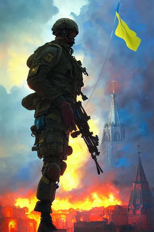 Image similar to special forces soldier with ukrainian blue and yellow flag watching red square burn, masculine figure, d & d, fantasy, bright atmosphere, volumetric lights, intricate, elegant, extremely detailed, digital painting, artstation, concept art, matte, smooth, sharp focus, hyper realistic, illustration, art by artgerm and greg rutkowski and alphonse mucha