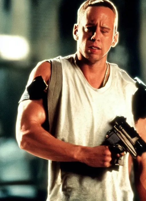 Prompt: film still of Eminem as John McClane in Die Hard, 4k