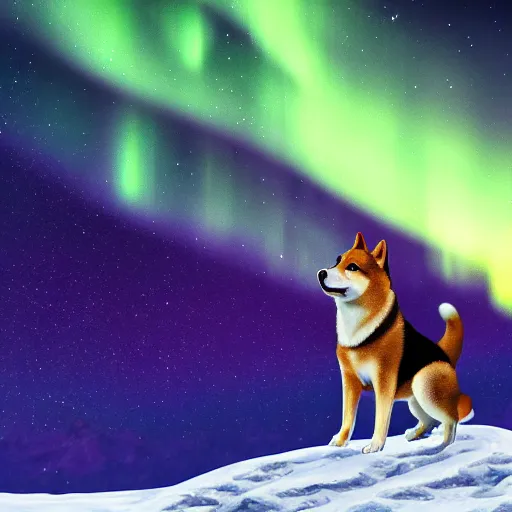 Prompt: shiba inu howling on top of a cliff. northern lights in the background. digital painting, award winning, high detail, high quality, 4 k, sharp and coherent, trending on artstation.