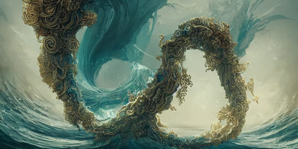 Image similar to decorative ornamental emblematic shrine of holy whale god of the sea, acanthus scroll, ceremonial clouds, dripping paint, fibonacci rhythm, kelp, barnacle, artstation, art germ, wlop, karol bak, christopher balaskas