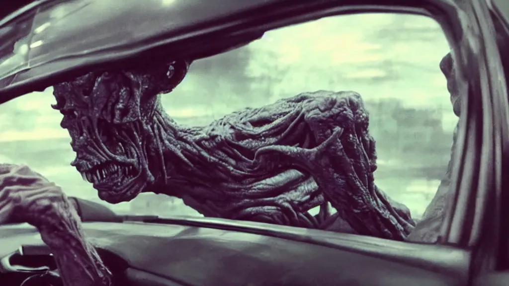 Image similar to the creature sits in a car, made of glowing wax, they look me in the eye, film still from the movie directed by Denis Villeneuve and David Cronenberg with art direction by Salvador Dalí, wide lens