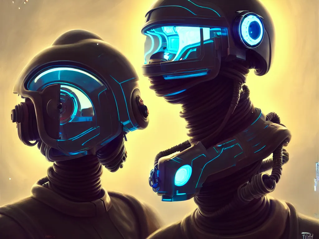 Prompt: highly detailed concept art of a mechanic from the future with a helmet connected to his cervical spine with futuristic tools fixing a ship glitch, retrofuturistic, an ultrafine detailed painting, trending on deviantart, neo surrealism, sharp focus, octane, masterpiece