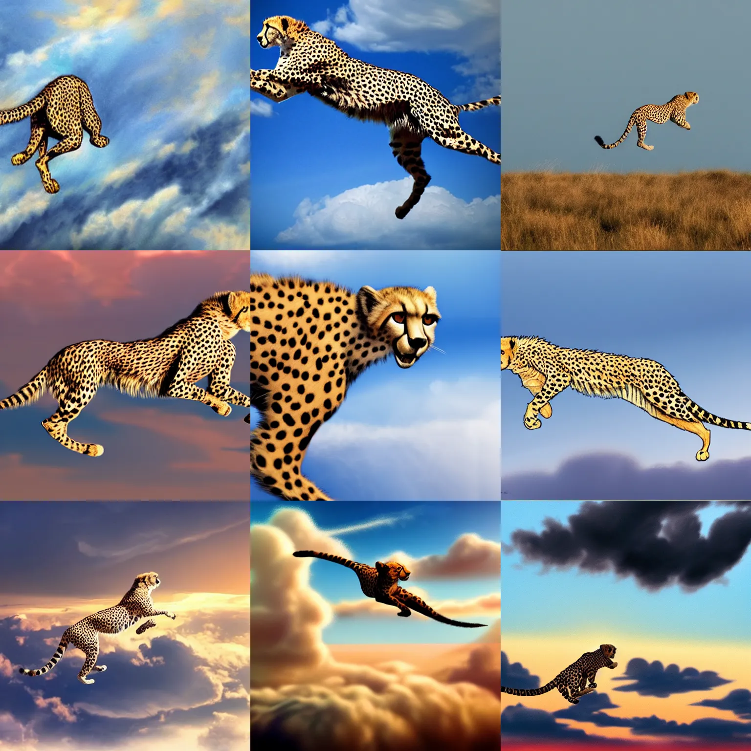 Prompt: Cheetah running over clouds, realistic, smooth