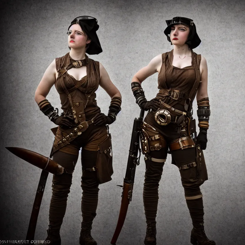 Image similar to full length photo of a very beautiful female dieselpunk warrior, 8 k, hdr, smooth, sharp focus, high resolution, award - winning photo