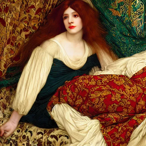 Prompt: preraphaelite photography reclining on bed, a hybrid of judy garland and a hybrid of lady gaga and katie holmes, aged 2 5, big brown fringe, wide shot, yellow ochre ornate medieval dress, john william waterhouse, kilian eng, rosetti, john everett millais, william holman hunt, william morris, 4 k