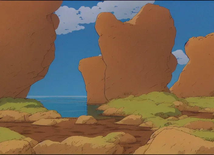 Image similar to bathed in sun, pleasing morning, appealing smooth flat rocky environment sunningrocks by the river's shore, sparse clearing, still placid environment matte painting from studio ghibli and the fox and the hound ( 1 9 8 1 )