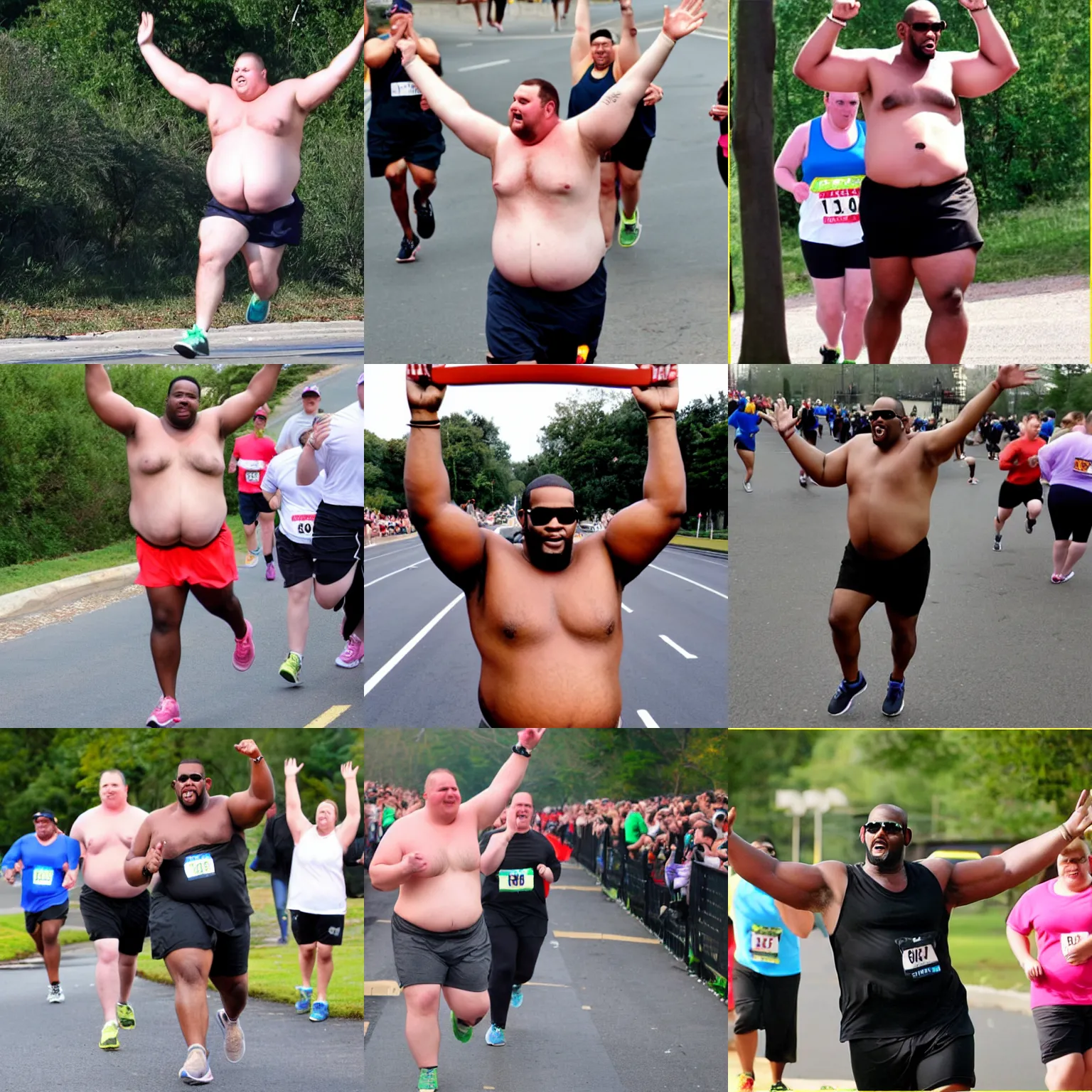 Prompt: obese shirtless r kelly running marathon hands in air