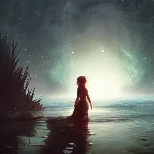 Prompt: cute girl with puckered lips standing on top of water looking down with curiosity into the dark abys with the stars above reflecting onto the water, trending on artstation, trending on deviantart, cinematic lighting, high detail, greg rutkowski, 8 k upscaling, by charles vess, anoto finnstark