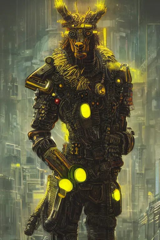 Prompt: Cyberpunk Anthro Llama Warrior, gritty, neon, castleton yellow highlights, detailed intricate ink illustration, Llama, dark atmosphere, detailed illustration, hd, 4k, digital art, overdetailed art, concept art, by Greg Rutkowski, Llama, Trending on artstation, deviantart, watched, faved, read