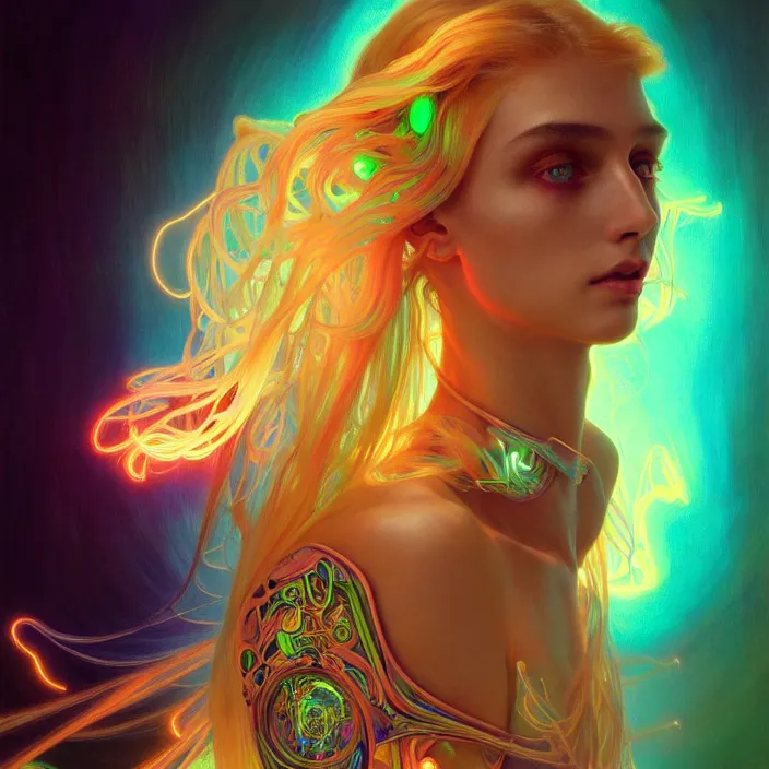 Image similar to bright psychedelic cyborg, glowing skin, long hair, diffuse lighting, fantasy, intricate, elegant, highly detailed, lifelike, photorealistic, digital painting, artstation, illustration, concept art, smooth, sharp focus, art by John Collier and Albert Aublet and Krenz Cushart and Artem Demura and Alphonse Mucha