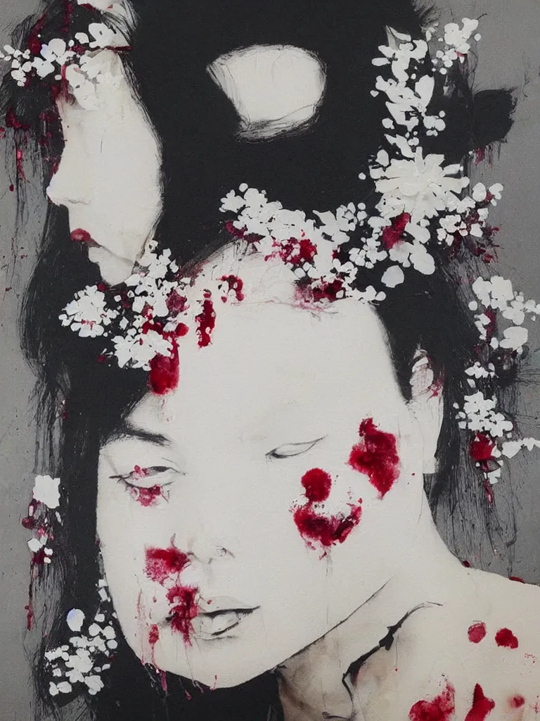 Image similar to “art in an Australian artist’s apartment, portrait of a woman wearing white cotton cloth, stained with fresh berries and maple syrup, white wax, edible flowers, Japanese pottery, ikebana, black walls, acrylic and spray paint and oilstick on canvas”