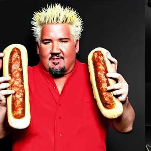 Image similar to guy fieri, studio lighting, the king of flavortown holds an infinite hot dog