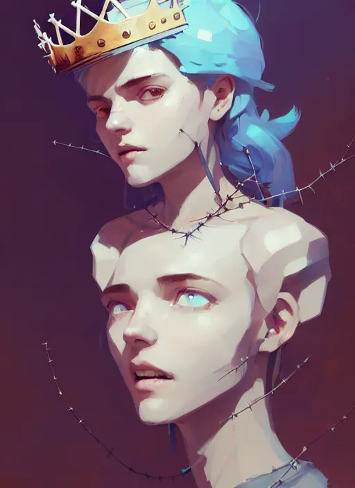 Image similar to portrait of cute maiden girl with crown of thorns and white short hairs, warhammer, cyberpunk, by atey ghailan, by greg rutkowski, by greg tocchini, by james gilleard, by joe gb fenton, by kaethe butcher, dynamic lighting, gradient light blue, brown, blonde cream and white color in scheme, grunge aesthetic