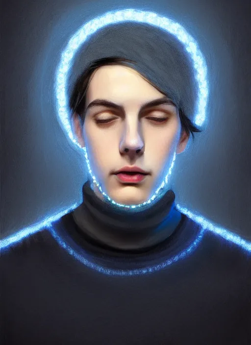 Image similar to portrait of teenage jughead jones wearing a light grey crown, crown, blue turtleneck, 1 9 5 0 s, closed eyes, photorealistic, black hair, glowing lighting, intricate, elegant, glowing lights, highly detailed, digital painting, artstation, concept art, smooth, sharp focus, illustration, art by wlop, mars ravelo and greg rutkowski