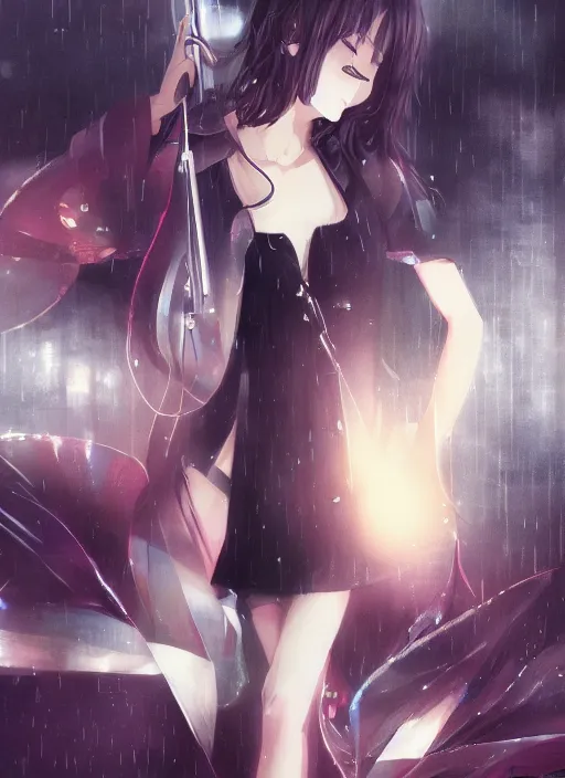 Prompt: listening to music at 2 am, rain, anime key visual, poster, anime, by wlop, high quality