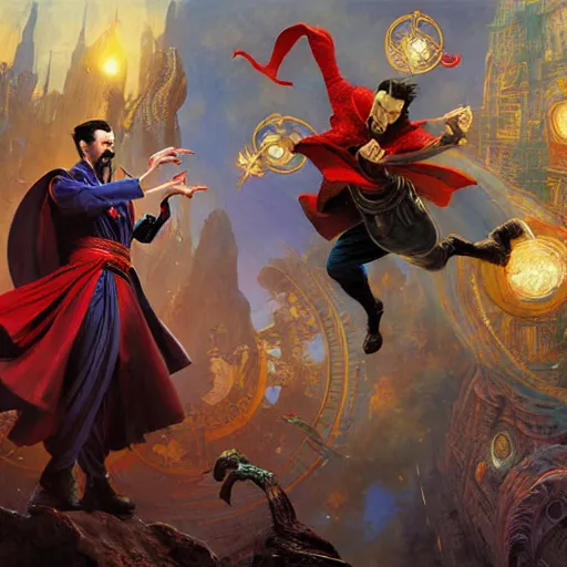 Image similar to the third first image on the scattered absurdity server, dr strange and dr seuss, portal hopping and time warping with reckless abandon, highly detailed painting by gaston bussiere, craig mullins, j. c. leyendecker